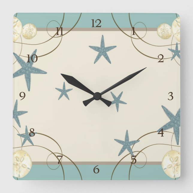 Modern Beach House Decor Starfish Sand Dollar Square Wall Clock (Front)