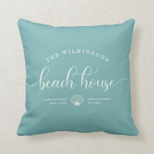Modern Beach House Family Name Script City Blue Throw Pillow