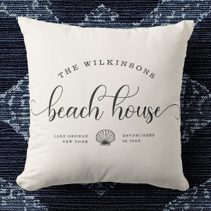 Modern Beach House Family Name Script Location Throw Pillow