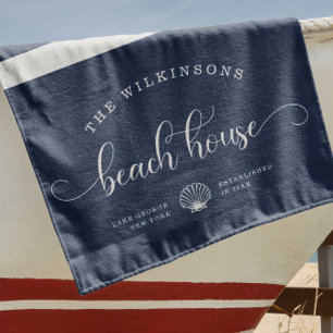 Modern Beach House Family Name Script Navy Blue Beach Towel