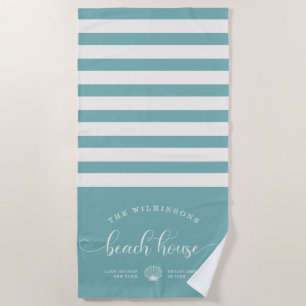 Modern Beach House Family Name Script Turquoise Towel