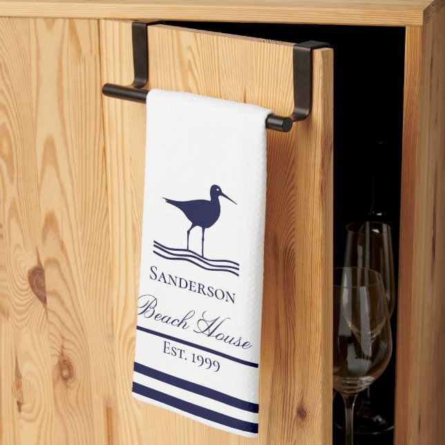 Modern Beach House White Navy Blue Sandpipers  Kitchen Towel (Thirds Fold)