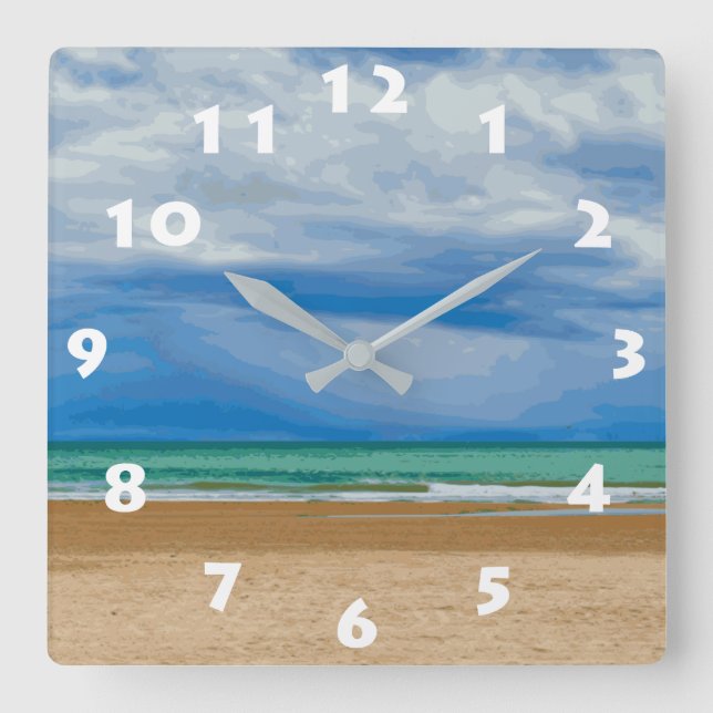 MODERN BEACH ILLUSTRATION WITH WHITE NUMBERS SQUARE WALL CLOCK (Front)