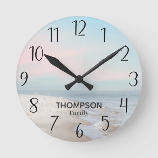 Modern Beach Ocean Blue Pink Sky Round Clock