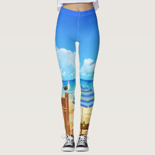 Modern beach ocean panorama pattern leggings