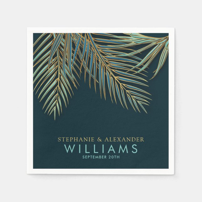 Modern Beach Palm Gold Blue Green Tropical Wedding Napkin (Front)