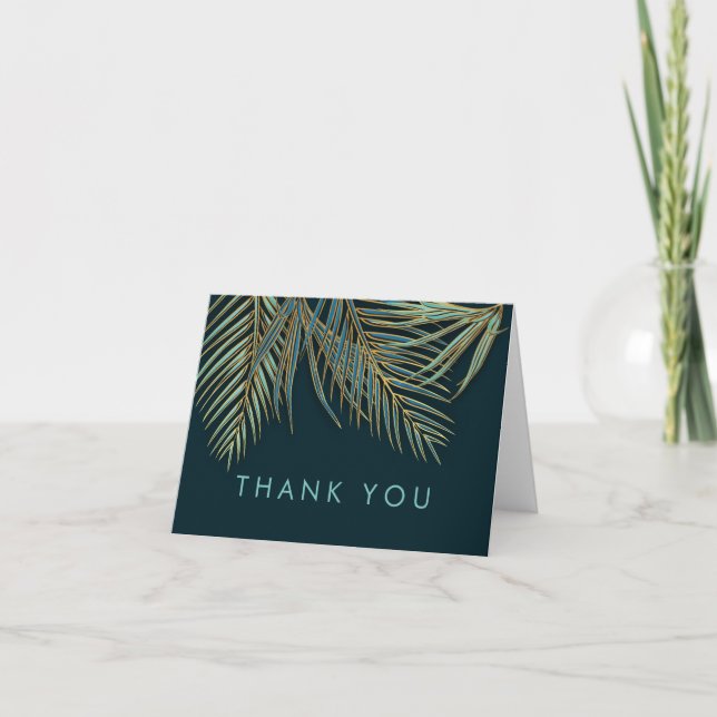 Modern Beach Palm Gold Blue Teal Tropical Thank You Card (Front)