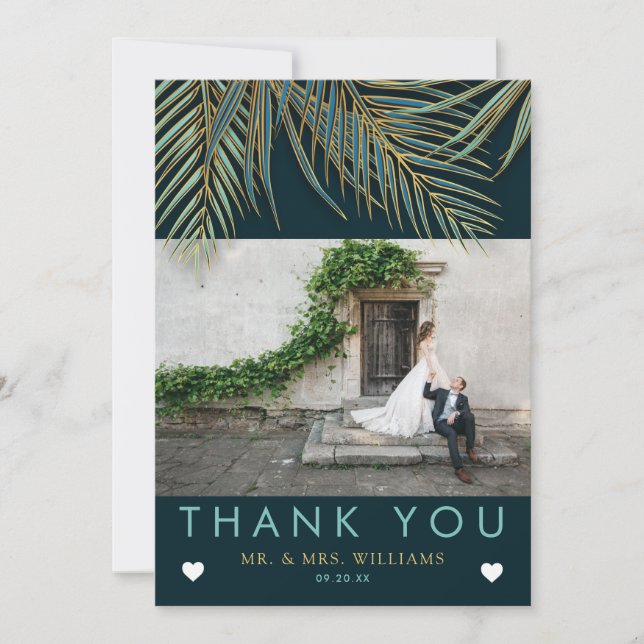 Modern Beach Palm Gold Blue Teal Tropical Wedding Thank You Card (Front)