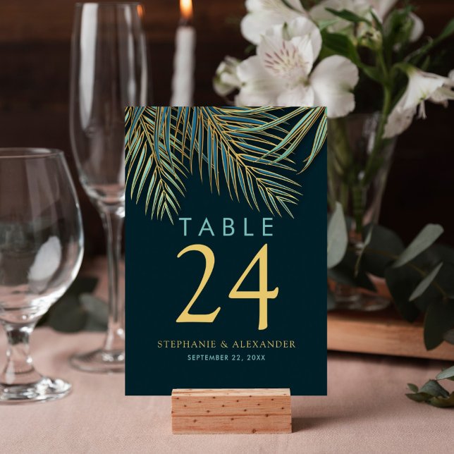 Modern Beach Palm Gold Teal Tropical Wedding Table Number (Modern teal palm frond tropical table number for your reception decor features minimalistic design.)