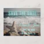 Modern Beach Scene Save the Date Postcard<br><div class="desc">Modern,  non-traditional Save the Date announcement features muted beach scene (that includes waves and starfish in the sand)  photography background with Save the Date in aqua blue neon.  Personalize with wedding couple's details.</div>