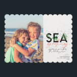 Modern Beach Sea Greetings Coral Christmas Photo Holiday Card<br><div class="desc">A modern holiday card with a simple minimal message that reads "sea greetings" with palms combined with handwritten typography. Personalize with your names and favourite picture.  

Image by Vitolda Klein on Unsplash</div>