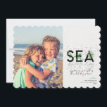 Modern Beach Sea Greetings Green Christmas Photo Holiday Card<br><div class="desc">A modern holiday card with a simple minimal message that reads "sea greetings" with palms combined with handwritten typography. Personalize with your names and favourite picture.  

Image by Vitolda Klein on Unsplash</div>