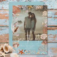 Modern Beach Seashell Frame Photo Aqua Wedding