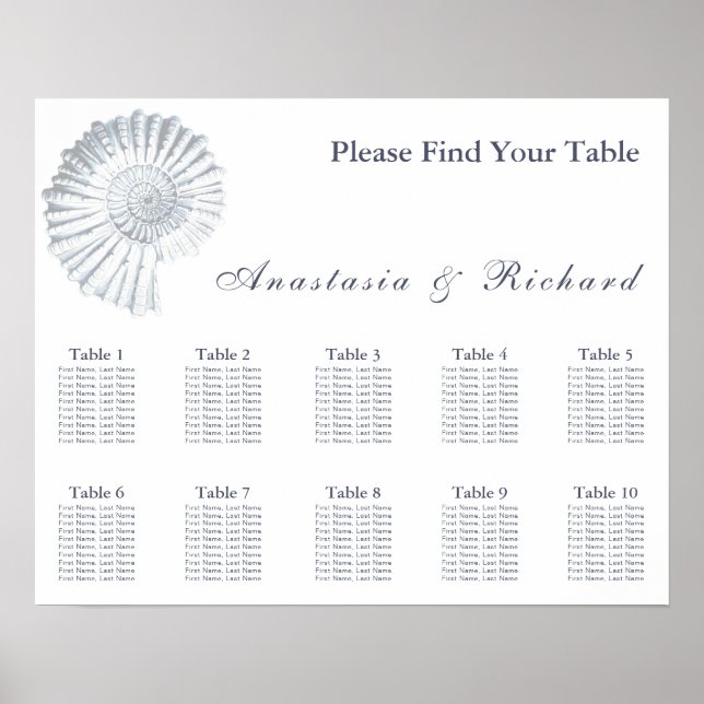 Modern Beach Shell 10 Table Wedding seating Chart (Front)