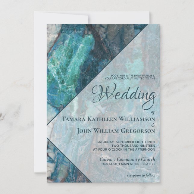 Modern Beach Teal Marble Geometric Wedding Invitation (Front)