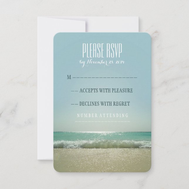 Modern beach wedding RSVP cards with blue sea (Front)