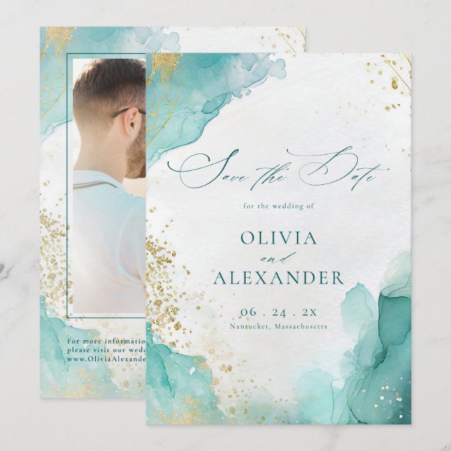 Modern Beach Wedding Teal Gold Abstract Photo Save The Date (Front/Back)