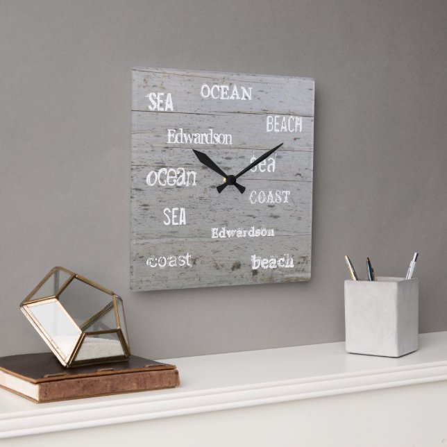 Modern beach wood ocean script family name square wall clock (Office)