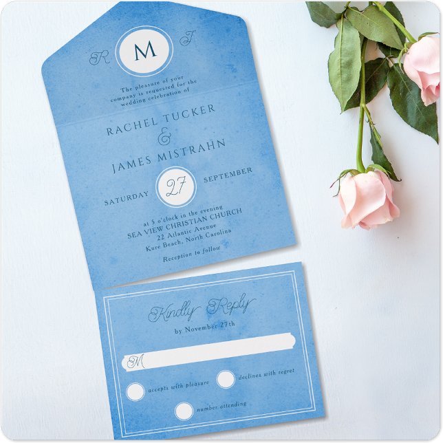 Modern Beachy Ocean Blue Summer Wedding All In One Invitation (Creator Uploaded)
