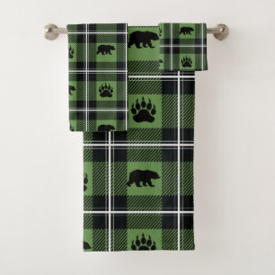 Modern Bear and Paw Black Green & White Flannel Bath Towel Set