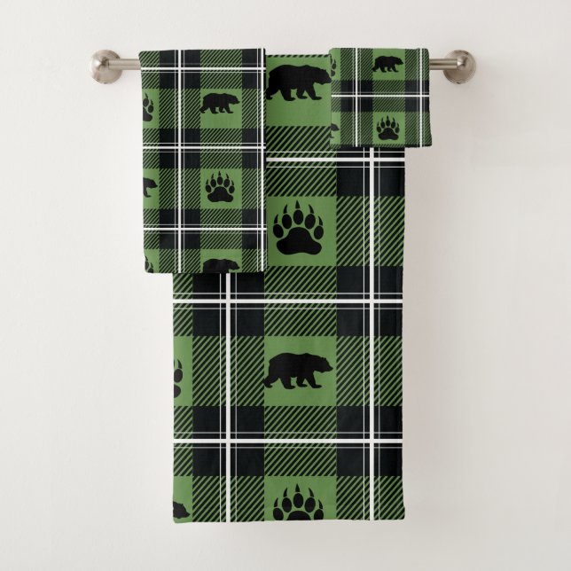Modern Bear and Paw Black Green & White Flannel Bath Towel Set (Insitu)
