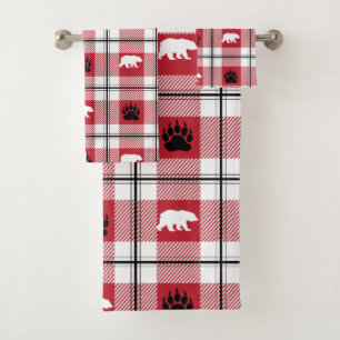 Modern Bear and Paw Black Red & White Flannel Bath Towel Set