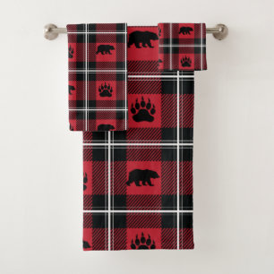 Modern Bear and Paw Black Red & White Flannel Bath Towel Set