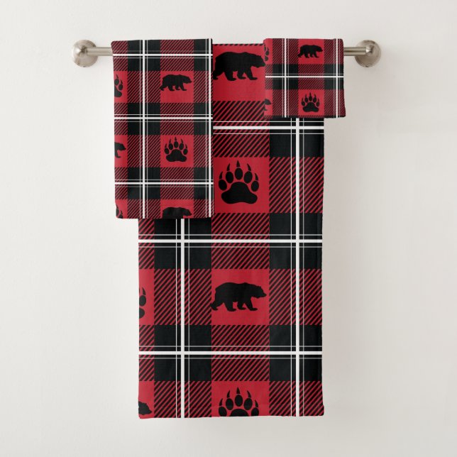 Modern Bear and Paw Black Red & White Flannel Bath Towel Set (Insitu)