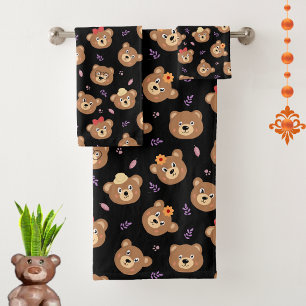 Modern Bear Faces on Black Bath Towel Set