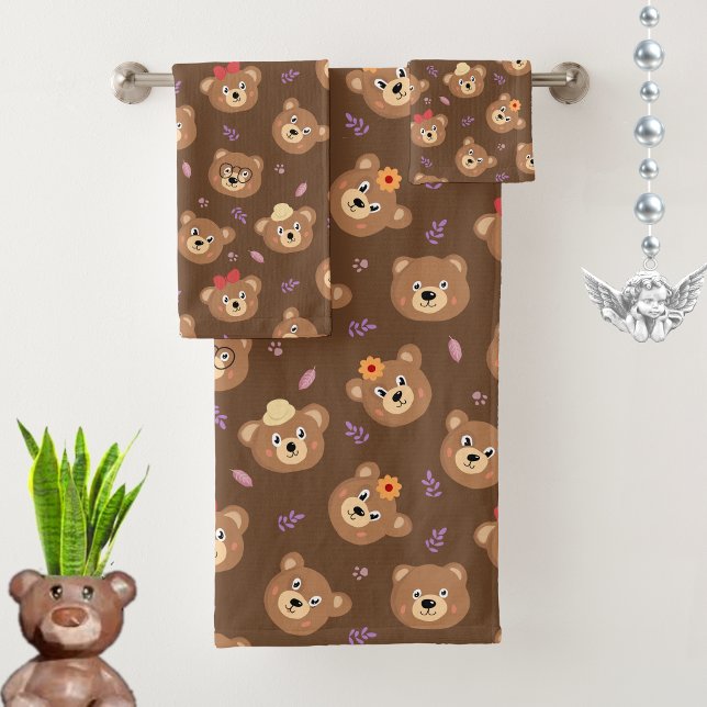 Modern Bear Faces on Brown Bath Towel Set (Creator Uploaded)