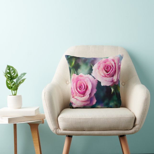 Modern Beautiful Watercolor Pink Roses Collection Throw Pillow (Chair)