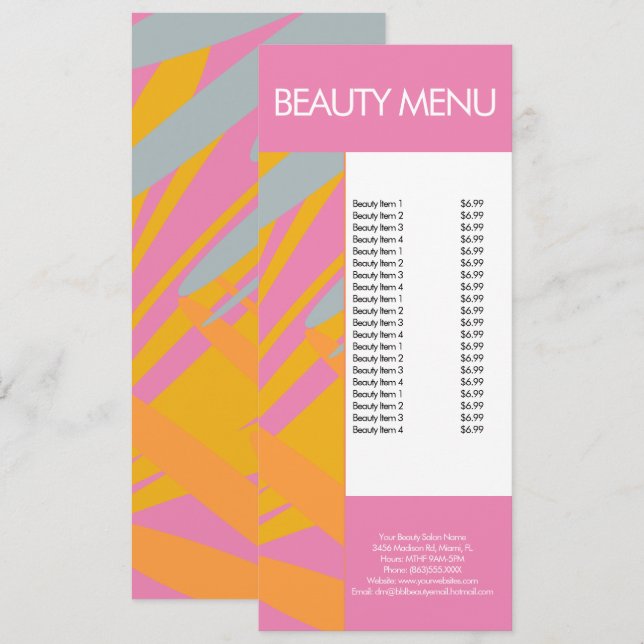 Modern Beauty Makeup Tropical Pattern Pink Menu (Front/Back)