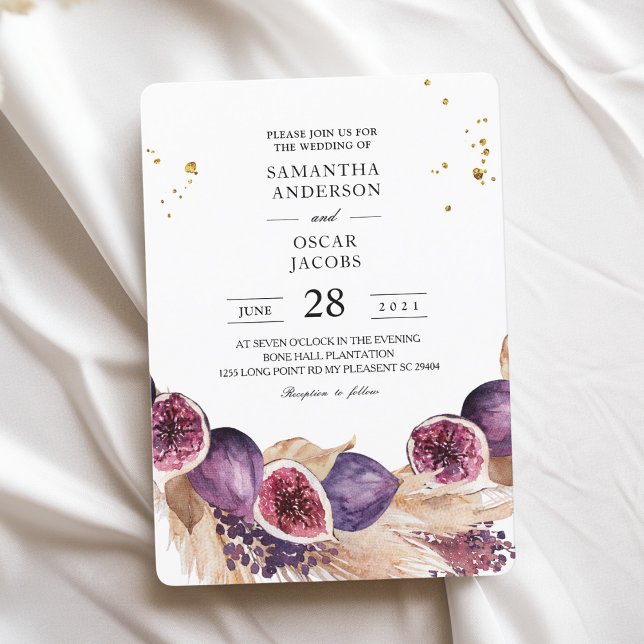 Modern Beauty Purple Figs & Pampas & Gold Drops Invitation (Creator Uploaded)