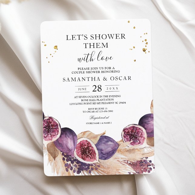 Modern Beauty Purple Figs & Pampas & Gold Drops Invitation (Creator Uploaded)