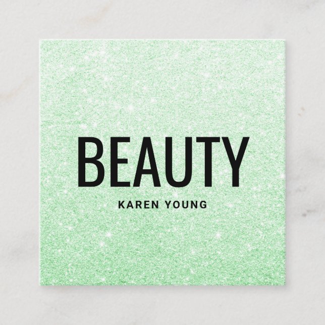 Modern beauty salon chic mint green glitter makeup square business card (Front)