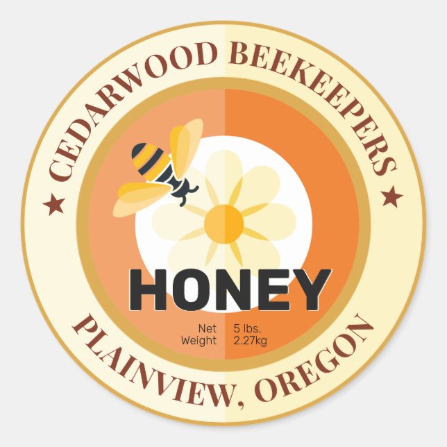 Modern Bee and Flower Amber Honey Jar Classic Round Sticker (Front)