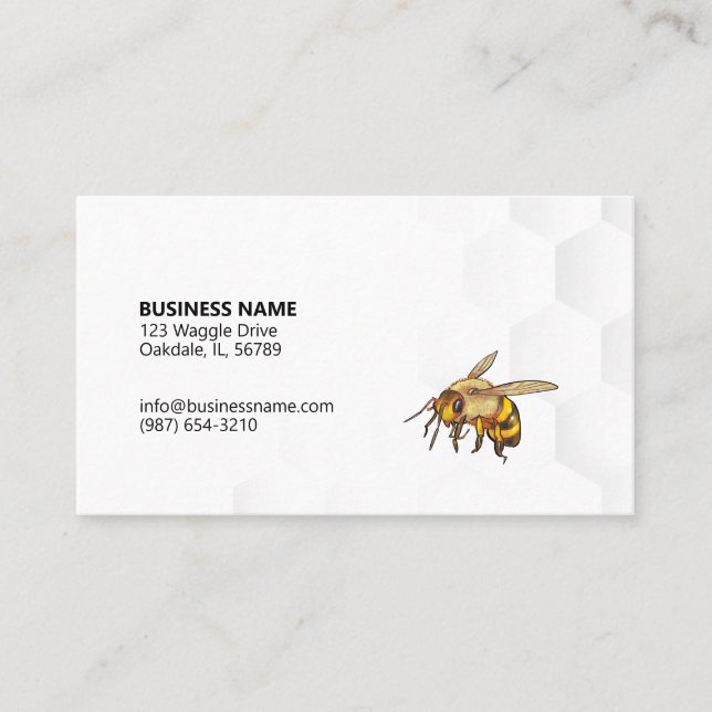 Modern Bee and Honeycomb Watermark White Business Card (Front)