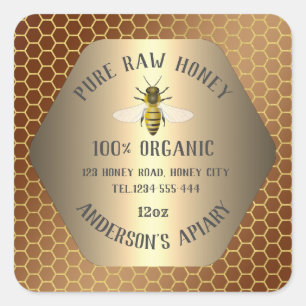 Modern bee honey comb honey jar square sticker