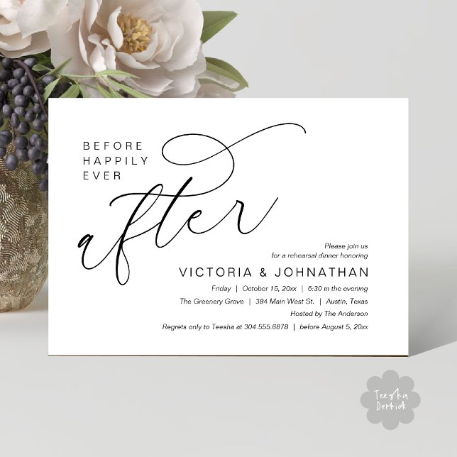 Modern Before Happily Ever After Rehearsal Dinner Invitation (Modern Before Happily Ever After Romantic Rehearsal Dinner Invites Card PDF Aesthetic White Black)