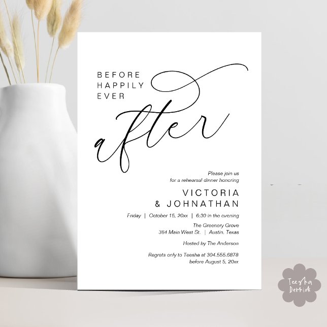 Modern Before Happily Ever After Rehearsal Dinner Invitation (Modern Before Happily Ever After Romantic Rehearsal Dinner Invites Card PDF Aesthetic White Black)