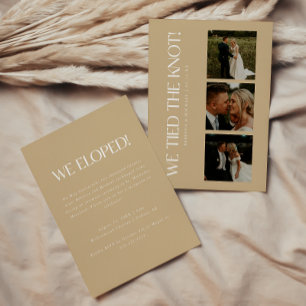 Modern Beige 3-Photo Elopement Wedding Reception Invitation