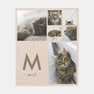 Modern Beige 6 Photo Collage Pet Monogram Fleece Blanket