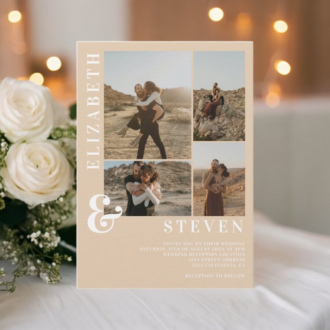 Modern beige ampersand 5 photo grid wedding invitation (Modern beige ampersand 5 photo grid wedding invitation)
