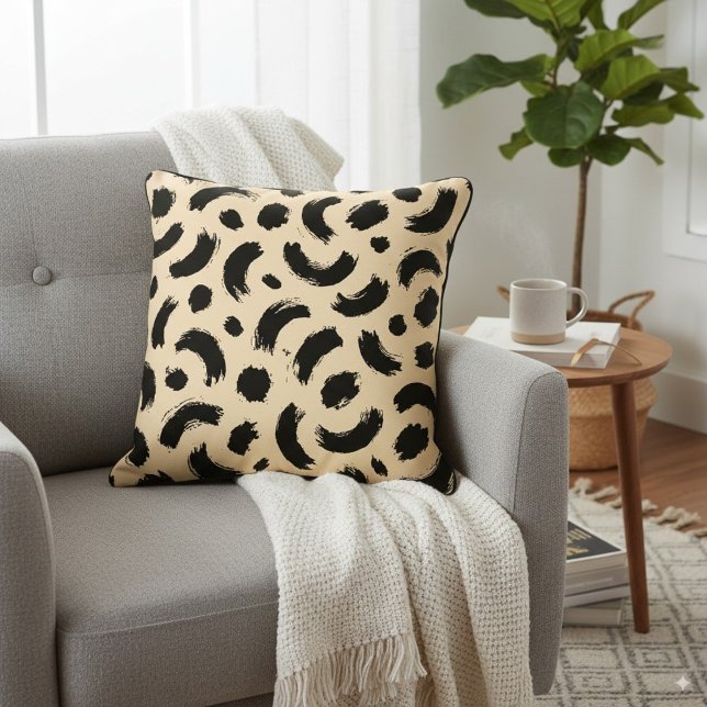 Modern Beige and Black Abstract Brush Leopard dots Throw Pillow (Creator Uploaded)