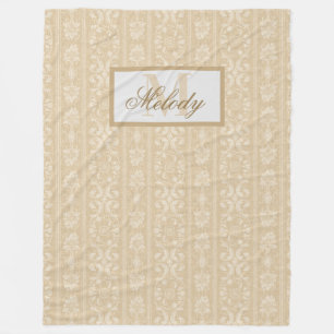  Modern Beige and Cream Floral Damask Monogrammed  Fleece Blanket