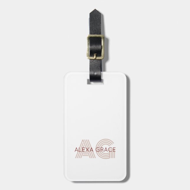 Modern Beige and Wine Monogram Luggage Tag (Front Vertical)