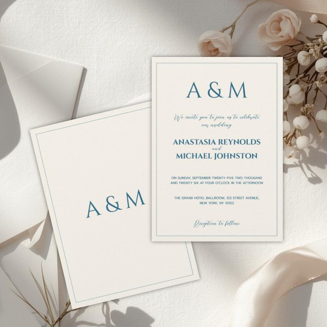 Modern beige blue minimalist wedding invitation (Creator Uploaded)