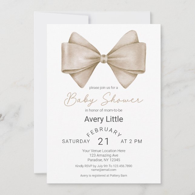 Modern Beige Bow Baby Shower Invitation (Front)