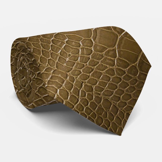 modern beige brown alligator crocodile  leather tie (Rolled)