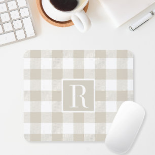 Modern Beige Buffalo Check Monogram Initial Mouse Pad